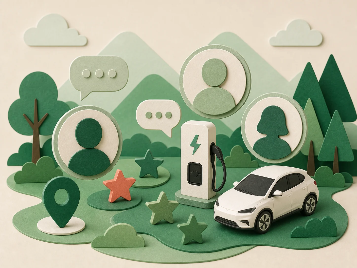 Paper-craft EV driver community sharing charging-station reviews