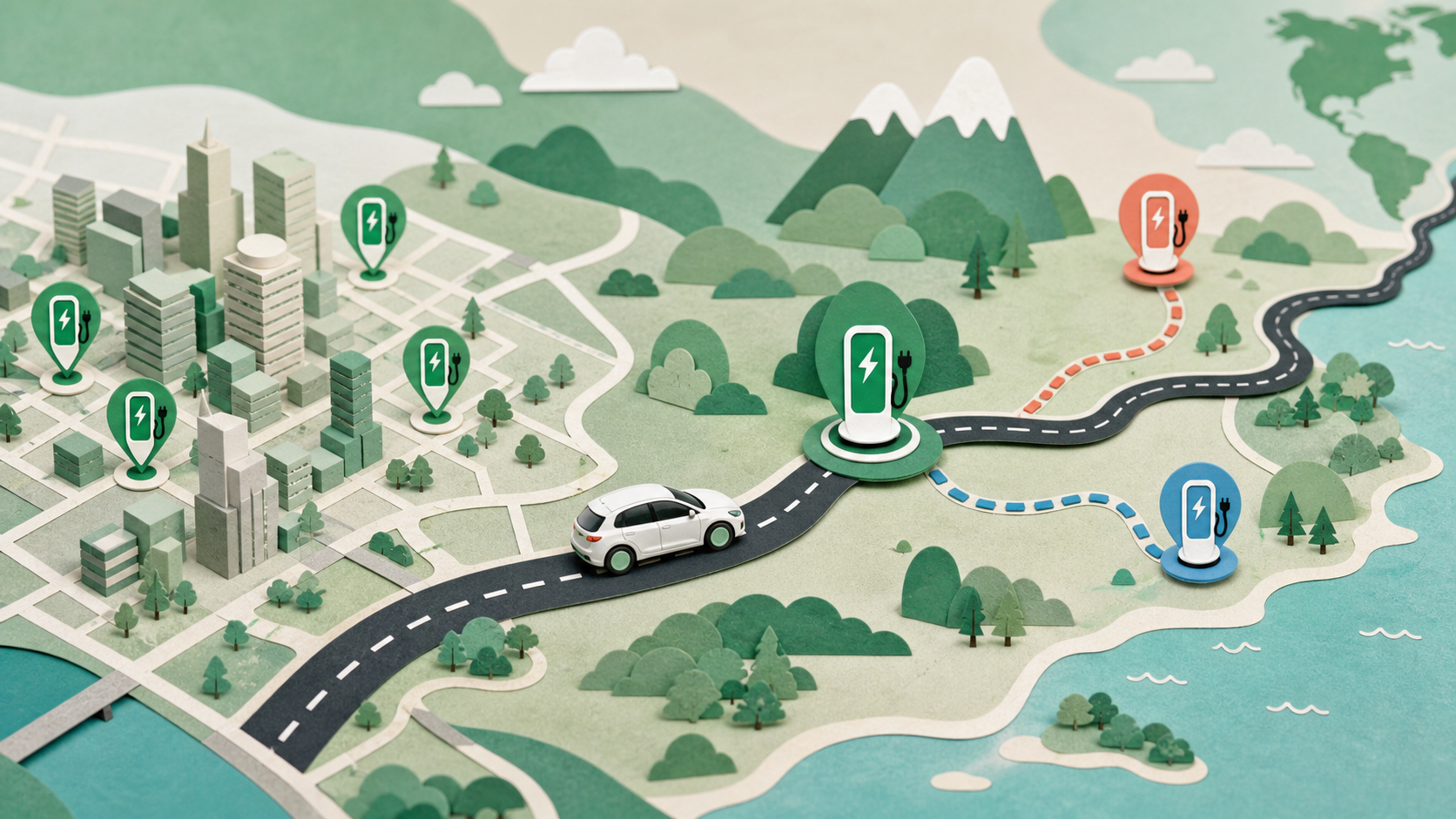 Paper-cut map showing an electric car leaving a city for a route with a primary charging stop and two backup chargers.